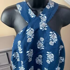Ann Taylor Factory Sleeveless Wrap Neck Shirt Size 14 Blue/White Floral